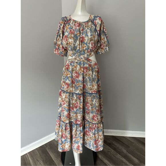 NWT En Saison Floral Cutout Puff Sleeve Soleil Midi Dress Multicolor Medium $145 - Picture 4 of 11